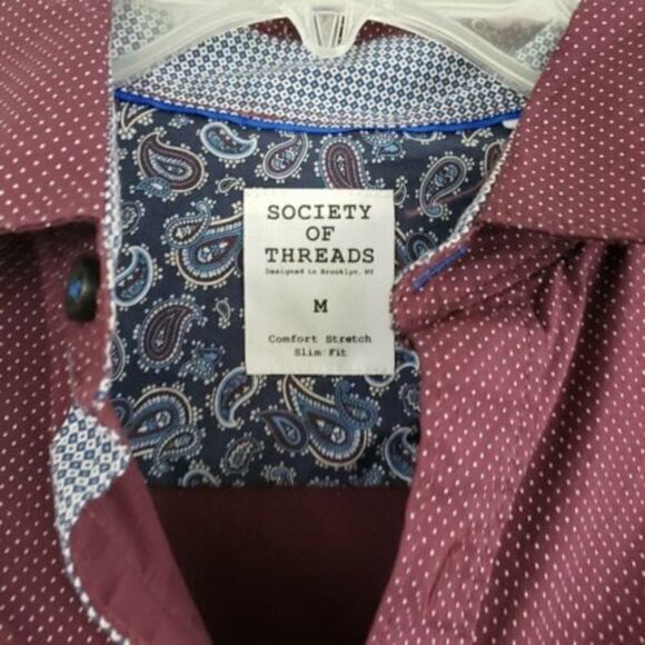 Society Of Threads Mens medium Flip Cuff Slim Fit stretch button up shirt maroon - Picture 6 of 8